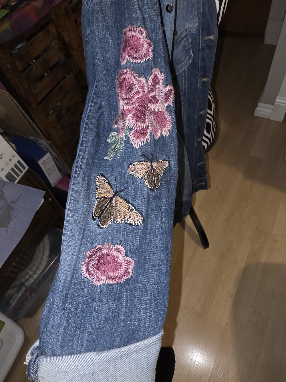 Denim Jacket with Pink Floral & Leopard Embroidery - Picture 3 of 9